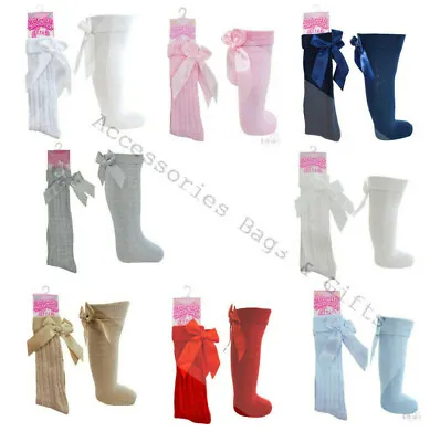 New Baby Girl Bow Knee Socks Hearts Spanish Ribbed White Pink Soft Touch 0-6Year • £3.30