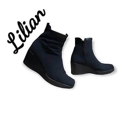 Vintage Lilian Black Fabric Full Zip Mid Calf Platform Boots For Women Size 9 • $36
