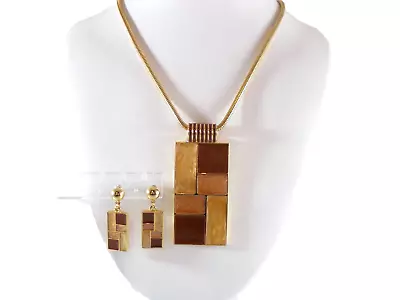 VTG Marbled Brown Enamel Mosaic Style Modernist Pendant Post Dangle Earrings Set • $15