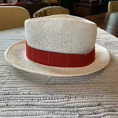 Vtg Broner Hat Mens M/L White Straw Fedora Red Band Panama Made Usa • $19.35