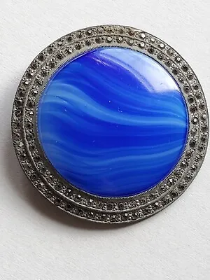 Vintage ART DECO LARGE BLUE STONE (BLUE AGATE? LAPIS?) & MARCASITE PIN BROOCH • $6