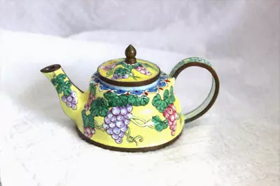 Vintage Enameled Mini Teapot With Hand Painted Grape Motif • $22