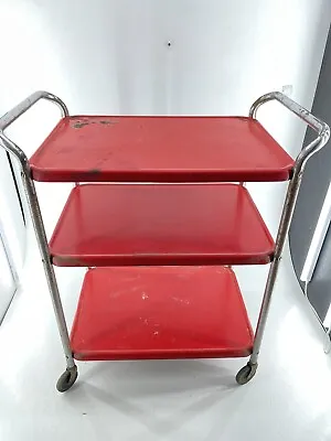 $95 • Buy Vintage 3- Tier Cosco Metal Red & Chrome Kitchen Garage Rolling Cart Mid Century