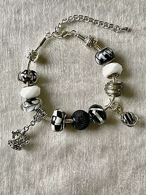 In The Style Of Pandora Charm Bracelet Black & White Lampwork Glass Beads • £25