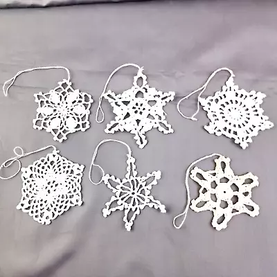 Vintage Crocheted  Christmas Ornaments Snowflakes Starched Ivory Lot Of 6 • $16.99