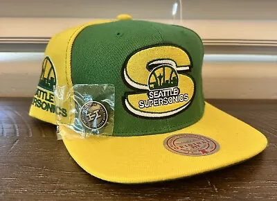 Mitchell & Ness Seattle Sonics Rear Script And Logo Snapback Hat + Hat Club Pin • $31.99