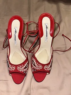Brian Atwood Slides Mules Shoes Red Sandals Embroidery 9.5 • $120