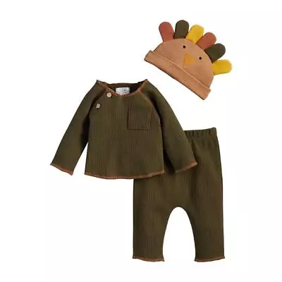 Mud Pie Kids Thanksgiving Olive Green 3 Pc Baby Set Waffle Weave Turkey Knit Hat • $32.99