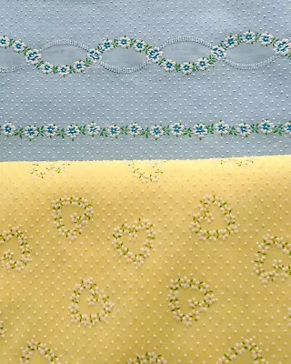 Vintage 60s 70s Flocked Fabric Floral Heart Swiss Dot Blue Yellow Sheer Remnants • $19.99