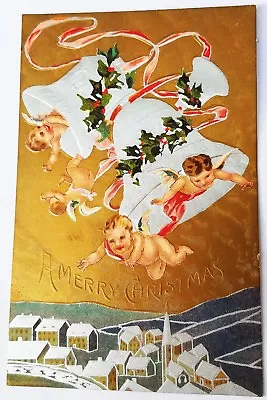 $2.75 • Buy Cherubs W/ Silver Bells On Gold  Vtg 1910 Christmas Postcard- Holly Ribbon