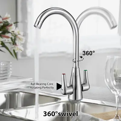 Modern Kitchen Sink Mixer Taps Swivel Spout Twin Lever Tap Mono Chrome Faucet UK • £15.49