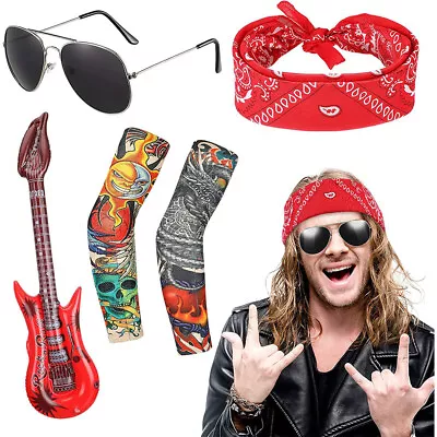 Mens 80s Party Metal Rocker Rockstar Rock N Roll Cosplay Costume Accessories Set • £9.69