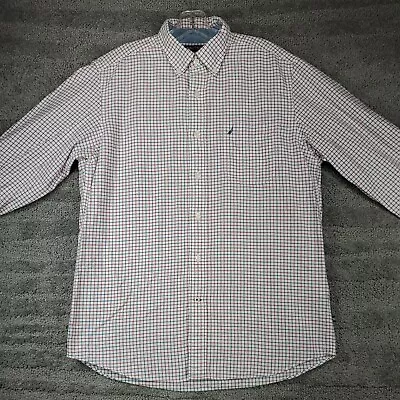 Nautica Mens M Medium Shirt Long Sleeve Button Front White Blue Red Check • $4.99