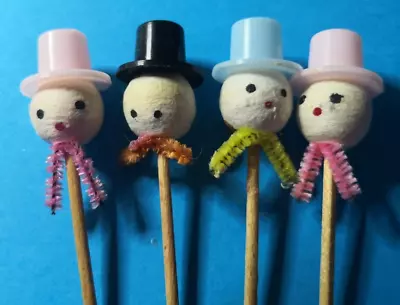 8 Vintage 1950s Snowman Heads Spun Cotton/Chenille Christmas Cupcake Picks • $17.99