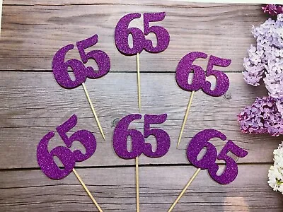 65th Birthday Cupcake Toppers Purple Glitter Number 65 Cake Decorations Picks • £3
