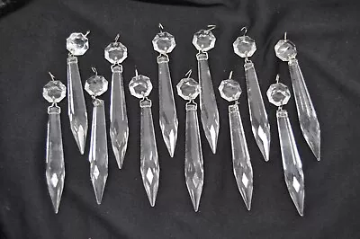 12 Vintage Cut Crystal Prisms Silver Pins Chandelier Lustre Lamp Parts Spear 4  • $24