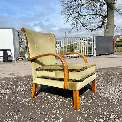 Antique Edwardian Lounge Chair Green Upholstered Oak Framed Art Deco Style • £95