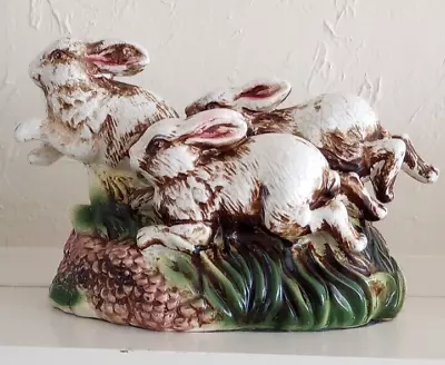 Faux Vintage Majolica Crackle Glaze Three Bunny Rabbits Running Statue Figurine • $149.99