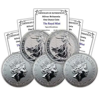 Great Britain 2022 Lot Of 5 1oz Silver Britannia BU Coins W/ Certificates • $171.66