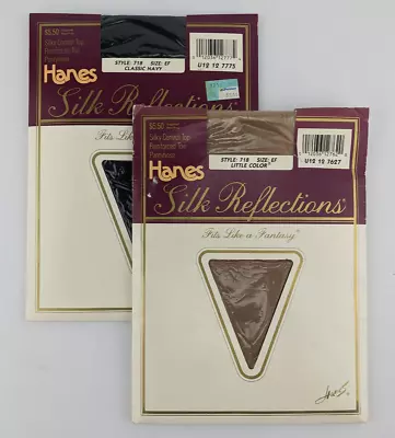 2 Vintage HANES  Silk Reflections  Ctrl Top Pantyhose - Navy & Lil Color Size EF • $12.88