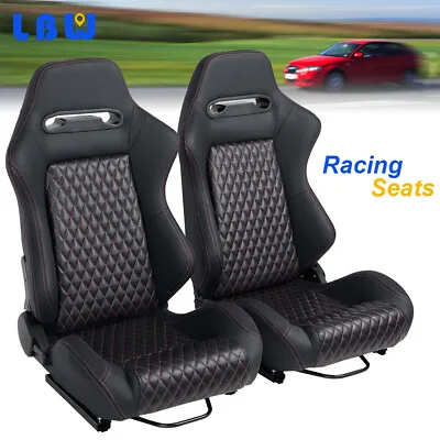 2PCS Racing Seats PU Leather Front Sports Black + Pink String Grid W/2 Sliders • $400.71