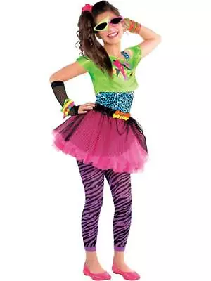 Childs Girl 80s Costume Totally Awesome Teen Neon Disco Retro Fancy Dress Outfit • £11.95