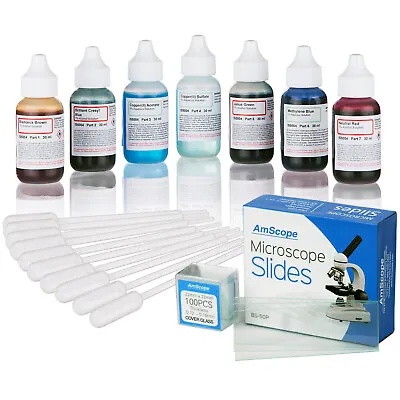 AmScope Vital Stain Kit For Living Cells– Microscope Stains Pipettes 50 Slides • $47.99