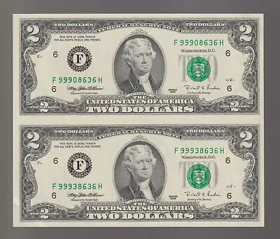 $2 1995 CU ATLANTA Block FH Notes Unusual Sheet Pair Two Dollars Bills • $26.90