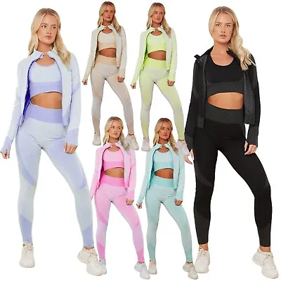 Ladies 3pcs Sports Bra Jacket Fitness High Waist Pants Yoga Gym Tracksuit Set • $31.09