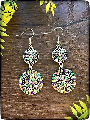 NEW Green Pink Purple Colourful Mosaic Style Indian Hippy Boho Bohemian Earrings • £12.99