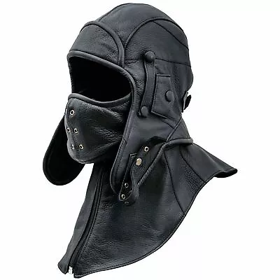 100 % Real Leather Aviator Cap With Collar And Face Cover Pilot- -Tactical Hood • $49