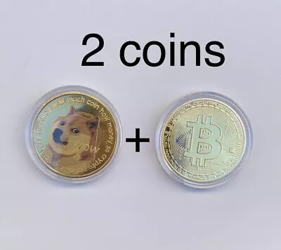 ( 2 Coins )  Gold Plated Bitcoin + Dogecoin Coin Novelty Gift • $6.49