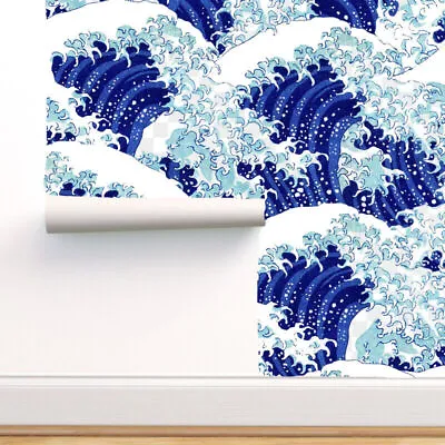 £1.87 • Buy Japanese Blue Wave Printed Peel And Stick Wallpaper, Removable Wallpaper