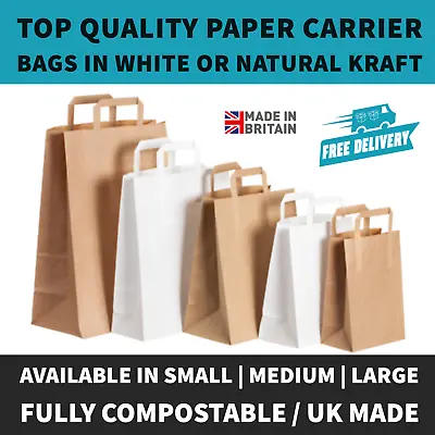 White & Brown Kraft Paper SOS Bags With Handle Food Carrier Party Takeaway Bags • £6.45