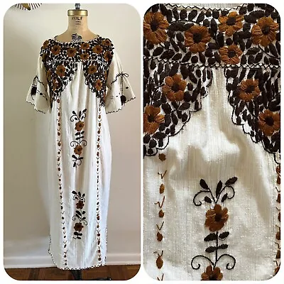 1970s Cotton Gauze Maxi Dress Floral Embroidered Mexican Huipil Hostess Boho VTG • $120