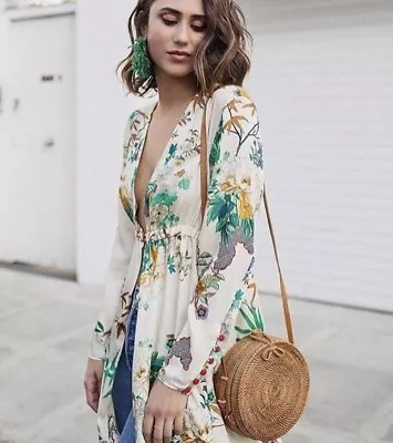 ZARA Satin Floral Tropical Print Kimono Long Dress Robe Bloggers Favorite XS • $69.99