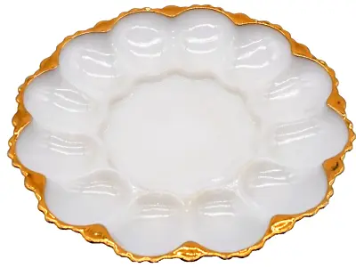 Vintage Mid-Century 9 In Milk Glass Deviled Egg Serving Platter With Gold Edges • $18