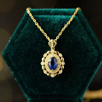 2 Ct Oval Cut Lab-Created Women's Blue Sapphire Pendant 14K Yellow Gold Plated • $111.81