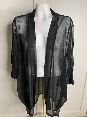 P LUCA Milano Women XL Black Sheer Open Front Duster Roll Tab Sleeve Side Button • $13.99