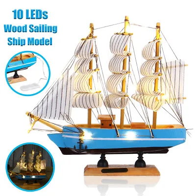 Vintage Wooden Sailboat Ship Model Wood Sailing Boat Handmade Home Decor W/ LEDs • $28.48