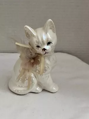 Vintage Enesco Cat Figurine Porcelain Kitten Opalescent White Kitty Feather • $10