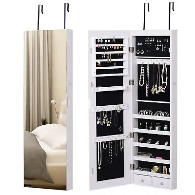 HOMCOM Hanging Mirrored Jewel Storage Cabinet Organiser Lockable W/6 LED White • £75.99