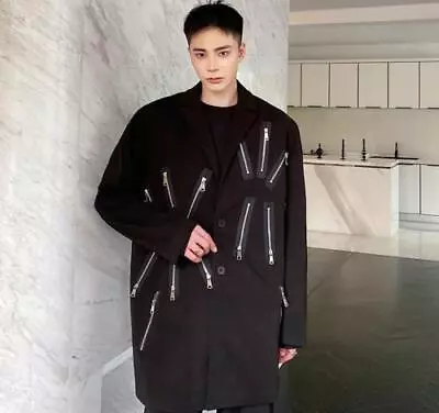 Men's Fashion Design Punk Gothic Zipper Decor Tops Black Lapel Loose Suit Coats_ • $68.99