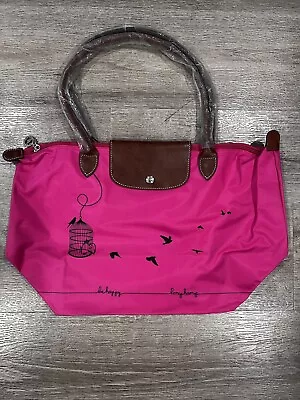 Longchamp Le Pliage Limited Edition LRG Long Handle Fuschia Birds Design France • $135