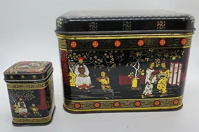 Vintage Chinese Asian Tea Tin  Blue Red Fuchsia Gold Metal Made England Lot Of 2 • $14.99