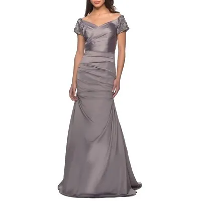 New La Femme Off The Shoulder Beaded Satin Trumpet Gown In Platinum Size 10 $599 • $103.98