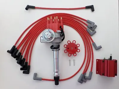 SMALL BLOCK CHEVY 350 RED Small HEI Distributor + COIL + WIRES Over Valve Cover • $169.95