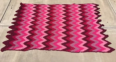 Vintage Crochet Afghan Chevron Granny Chic Pink Burgundy Multicolored 59.5 X41  • $19.17