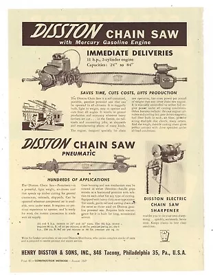 1947 Henry Disston & Sons Ad: Disston Chain Saw W/ Mercury Gas Engines • $17.76