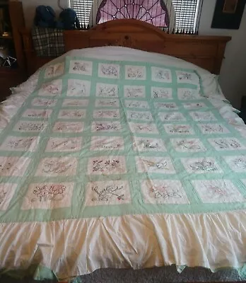 Vintage Embroidered Community Quilt  Cottage Blanket Handmade 66”X 58  10” Skirt • $65